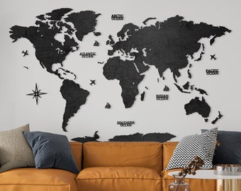 Carte du monde en bois noir vierge sans pays Décoration murale Cadeau d'anniversaire Décoration rustique pour salon Décoration murale Weltkarte Holz