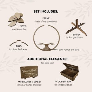 May include: A wooden guest book set with a tree-shaped frame, stand, and wooden leaves. Includes a mini-board with the names "ALISON & PETER" and the date "17 JUNE 2026". Additional elements include a wooden box for leaves.