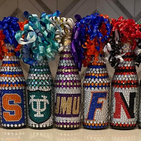Custom Order ANY College, Sororities or Special Occasion with  Bedazzled College Bling Bottles by Nicole Bed Decorating Party TWO LOGOS