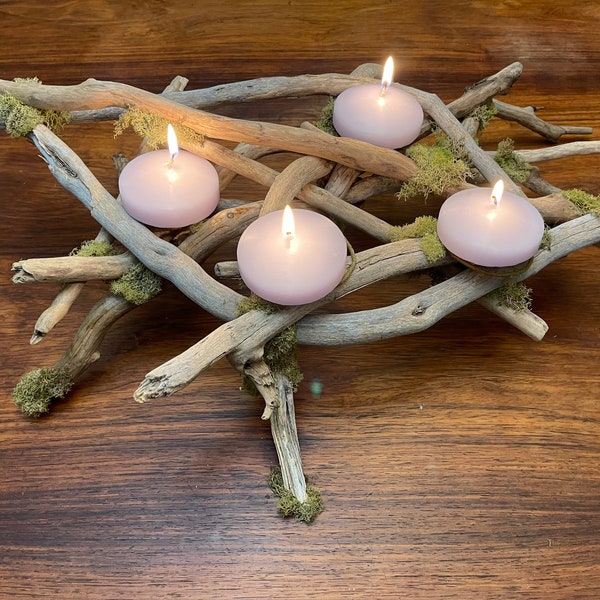 24” by 18” candle holder centerpiece moss driftwood sticks