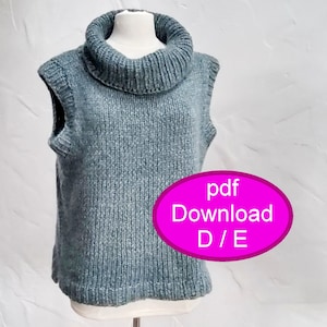 May include: A teal blue knitted sleeveless turtleneck sweater with a rolled collar. The sweater is displayed on a white mannequin. The text "pdf Download D/E" is in a pink oval.