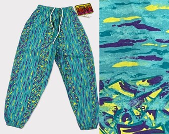 80s 90s Teal Green Purple Blue Bright Yellow Tropical Wrestling Muscle Gym Beach Parachute MC Hammer SZ 8 10/12 Tribal Print