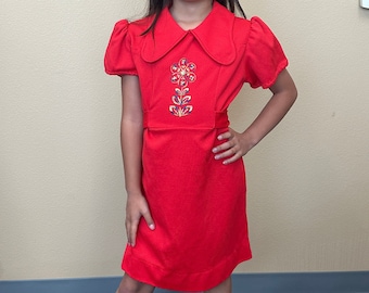 Vintage 70s Daisy Embroidered Daisy Dress Made in USA Sold Red Girls Size 8