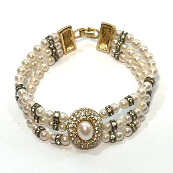 Vintage 60s Signed Christian Dior Bracelet Faux Pearls & Swarovski Crystals 3 Strand Bracelet
