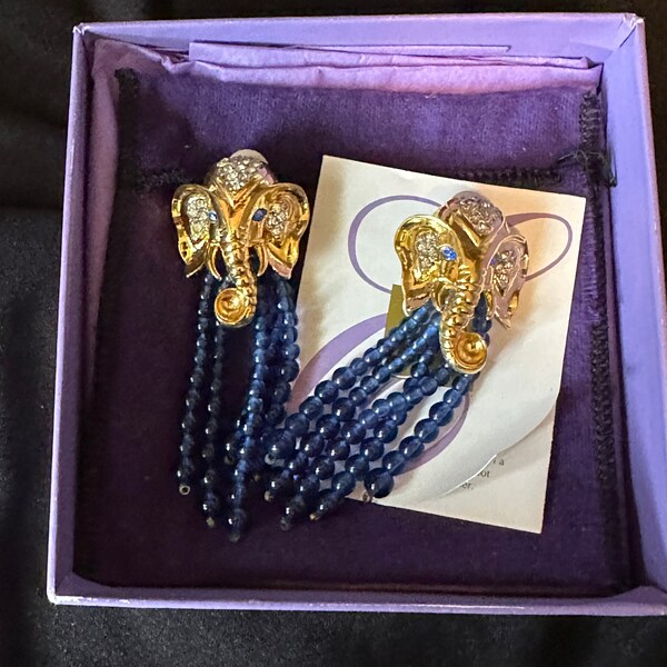 Vintage 90s Signed Elizabeth Taylor for AVON 'ELEPHANT WALK' Blue & Gold Clip-on Earrings