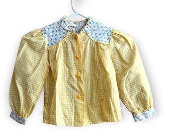 Vintage Adorable 60s 70s Size 4 Montgomery Ward Floral Yellow Gingham Checkered Button Down Girls Top Western Prairie Girl