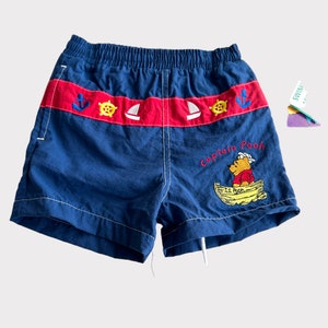 Vintage 90s Retro Adorable Disney's Winnie the Pooh Navy Blue Red Sailor Nautical Colorblock Diaperless Swimsuit Trunks 18 Months Toddler