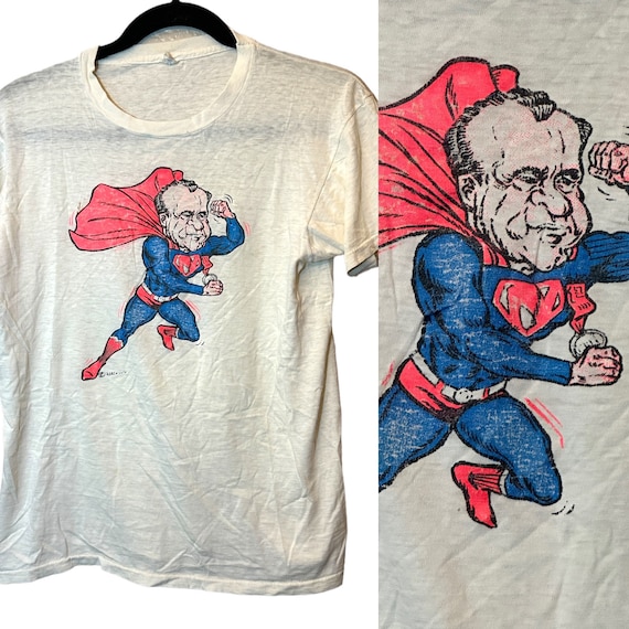 RARE Vintage 60s 70s Richard Nixon Super Hero Superman Cape Single Stitch T shirt Derby USA SMALL Etsy UK