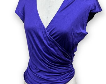 Vintage 70s EMANUEL UNGARO Purple Scrunched Crepe V-Neck Short Sleeve Top Disco Queen Size 14 SMALL