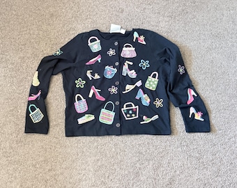 VTG 90s Y2K Simon Black Cardigan Embroidered Bags Shoes Flowers Shopping MEDIUM