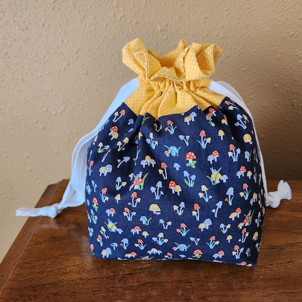 Small Mushroom Polka Dot Project Bag, fully lined, drawstring, Floral Bag, Gift Bag