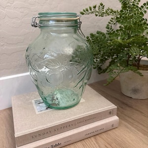 Vintage Hermetic Green Tint Jar Canister Made in Italy Fruit Design