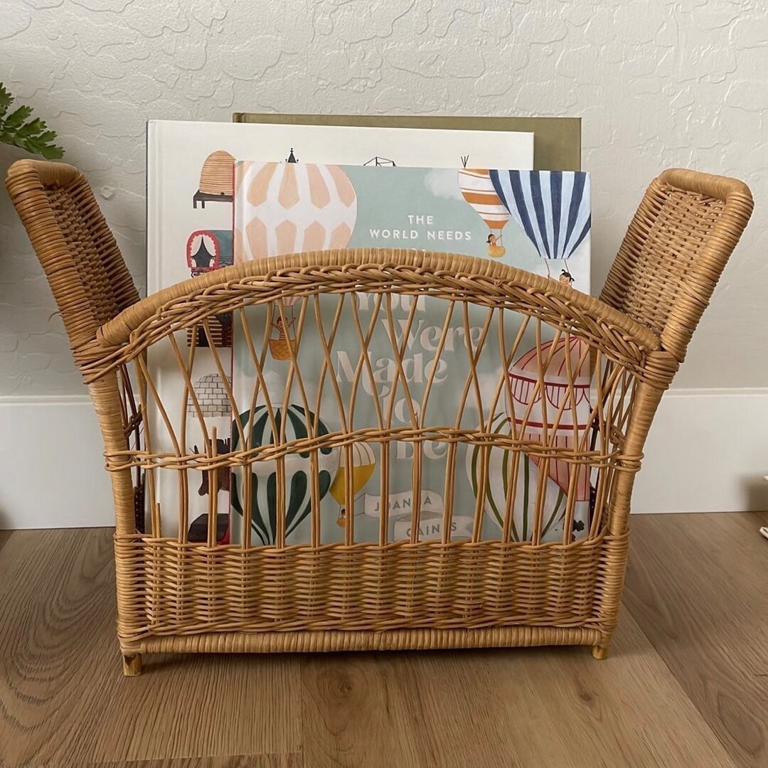 Boho Vintage Wicker Magazine Rack Basket Etsy