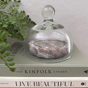 Puede incluir: Una campana de cristal transparente con un pomo redondo en la parte superior, que cubre un pequeño cuenco de mármol de forma irregular. El cuenco tiene una mezcla de tonos marrones y blancos. La campana y el cuenco descansan sobre una pila de libros con el título "The Kinfolk Garden".
