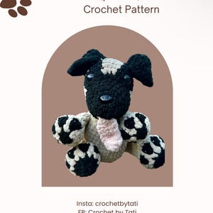 May include: Crochet pattern for a black and white Mastiff puppy plushie. The plushie is sitting on a brown background. The pattern is available on Etsy and other social media platforms.