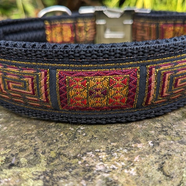 Luxury dog collar with soft padding, aluminum click closure, 3 cm wide, adjustable, Aztec ethnic, black-gold-wine red