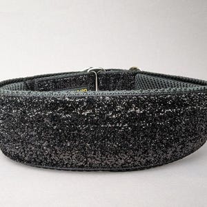 Könnte beinhalten: Ein schwarzes Glitzer-Hundehalsband mit einer silbernen Schnalle.