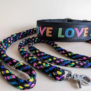 May include: A black braided dog leash with a rainbow colored weave and a matching black collar with the words "LOVE LOVE" in rainbow colors.