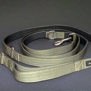 Op de afbeelding: Olijfgroene hondenriem met een zwarte, gewatteerde binnenkant. De riem heeft zilverkleurige metalen sluitingen en een D-ring. De merknaam "deroi-collars" is gedrukt op een klein label. De riem is gemaakt van duurzaam, geweven materiaal.