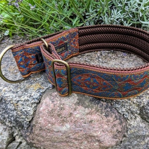 Pu&ograve; includere: Un collare decorativo per cani con un motivo blu, rosso e oro. Il collare ha una fodera in rete marrone e hardware in metallo color bronzo. La parola "collars" &egrave; visibile.