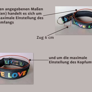 May include: A black fabric collar featuring the word LOVE embroidered in multicolored letters. The image includes diagrams indicating a 6 cm pull and labels explaining that the measurements represent the maximum neck and head circumference settings.