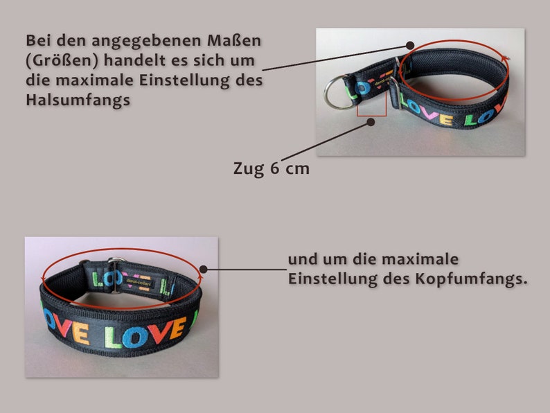 May include: A black fabric collar featuring the word LOVE embroidered in multicolored letters. The image includes diagrams indicating a 6 cm pull and labels explaining that the measurements represent the maximum neck and head circumference settings.