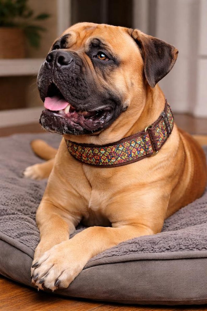 May include: A fawn-colored Bullmastiff dog with a black muzzle and dark ears wearing a brown fabric collar featuring a colorful geometric pattern of small triangles in shades of red, blue, yellow, and green with a gold-toned metal D-ring.