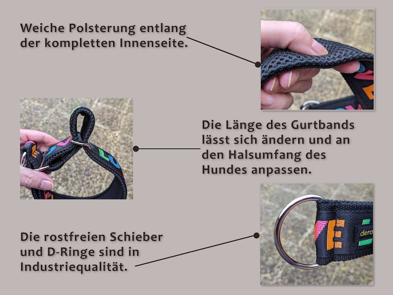 May include: A black dog collar featuring a colorful pattern with the word LOVE in various fonts and colors. The collar includes soft mesh padding on the interior, an adjustable strap for sizing, and industrial-grade stainless steel D-rings and sliders.