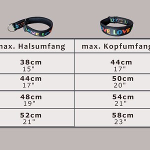 May include: A black collar with the word LOVE in rainbow-colored letters, displayed above a sizing chart. The chart lists maximum neck sizes from 38cm (15 inches) to 52cm (21 inches) and maximum head sizes from 44cm (17 inches) to 58cm (23 inches).