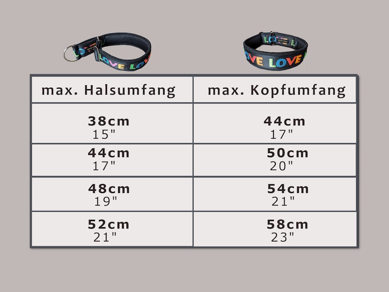 May include: A black collar with the word LOVE in rainbow-colored letters, displayed above a sizing chart. The chart lists maximum neck sizes from 38cm (15 inches) to 52cm (21 inches) and maximum head sizes from 44cm (17 inches) to 58cm (23 inches).