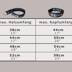 Pu&ograve; includere: Collare nero per cani con la parola "LOVE" in colori arcobaleno. Il collare ha un anello di metallo e una fibbia. Misure in cm e pollici: 38-58cm collo, 44-58cm testa.