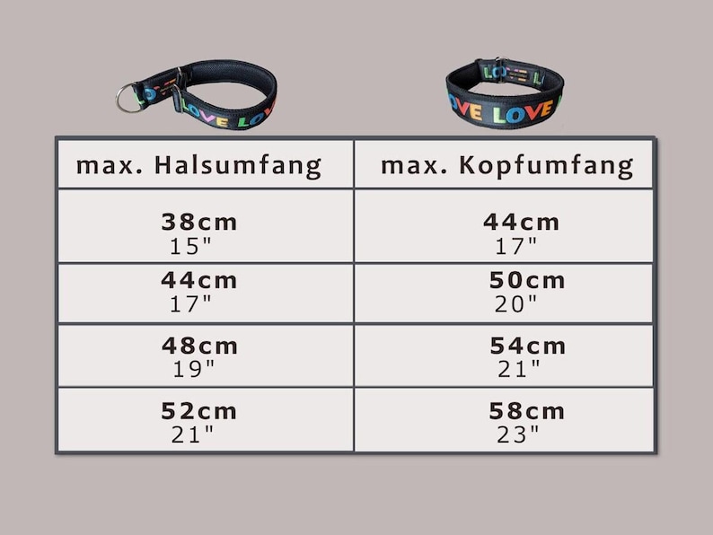 Pu&ograve; includere: Collare nero per cani con la parola "LOVE" in colori arcobaleno. Il collare ha un anello di metallo e una fibbia. Misure in cm e pollici: 38-58cm collo, 44-58cm testa.