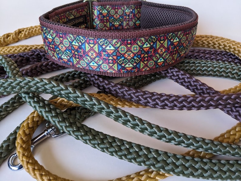 May include: A wide dog collar featuring a colorful geometric pattern in shades of blue, red, yellow, and green, with a dark brown mesh lining. It is accompanied by several braided leashes in solid olive green, mustard yellow, and dark brown.