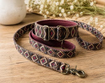 Boho set - pull stop collar or click closure 3 or 4 cm wide, padded, adjustable & matching leash with fixed hand strap 1.5 m