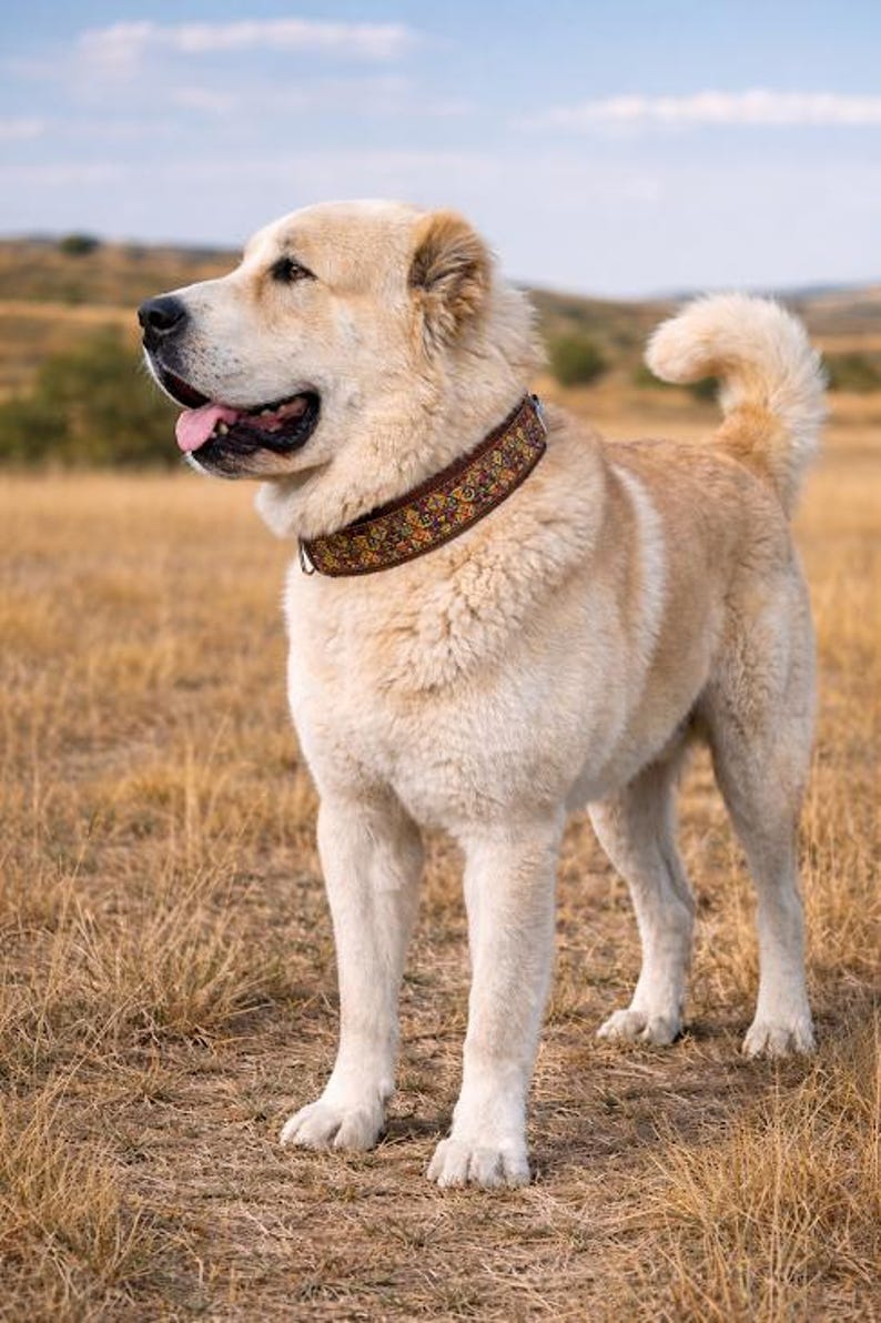 May include: A large, cream-colored dog with a thick coat standing in a field. The dog wears a wide, brown collar featuring a repeating geometric pattern in shades of orange, yellow, and blue. The dog is facing left with its mouth slightly open.