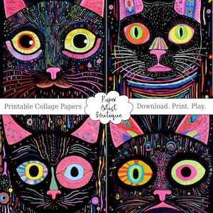 Verrückte bunte Katzen, FÜNF schräge, flippige Bilder zum Kartenbasteln, Scrapbooking, zur Wandkunst, für T-Shirts usw.