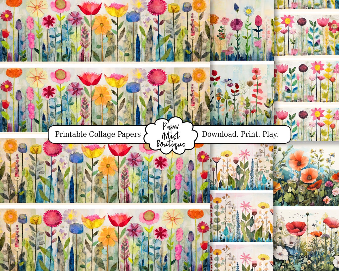 Field of Flowers Printable Collage Paper Strips, Fun Washi Style Tape ...