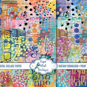 May include: Digital collage paper with a colourful abstract design featuring circles, squares, and lines. The paper has a distressed, textured look and includes the text "DIGITAL COLLAGE PAPER", "Paper Artist Boutique", and "INSTANT DOWNLOAD * PRINT AND PLAY".