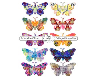 Printable Digital Clip Art Sheet Collaged Butterflies For Scrapbooking, Junk Journals & Mixed Media Art.