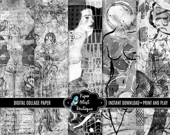 Printable Collage Paper Female Themed Black and White For Scrapbooking Junk Journals Mixed Media Art. 5 Sheets