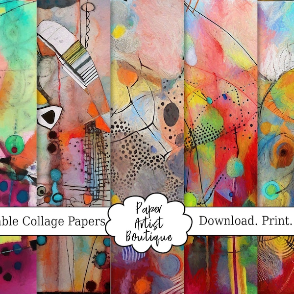Abstract Collage Paper Pack 5 Sheets Colorful Printable For Scrapbooking Junk Journals Mixed Media Art.