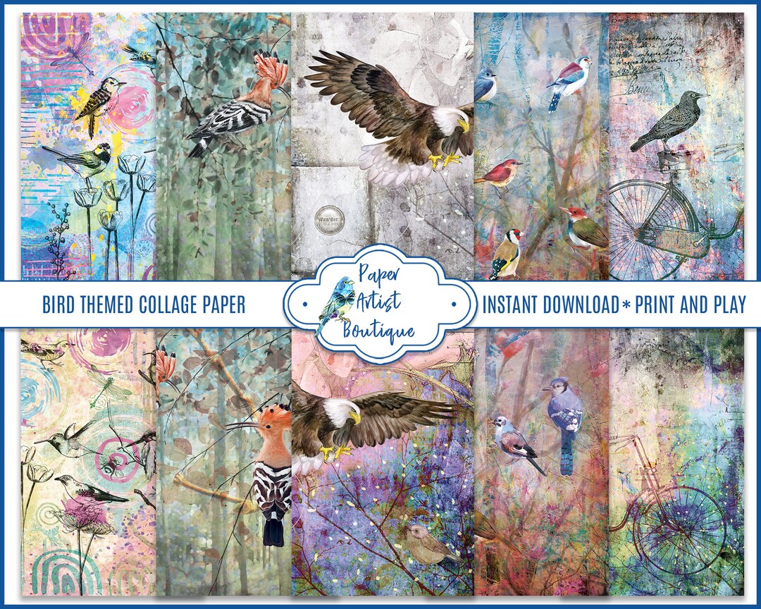 Bird Collage Paper Set, Printable Scrapbooking, Mixed Media Art ...