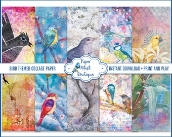 Printable Collage Papers Set of Birds Artist Designed, Mixed Media Art, Junk Journals, Scrapbooking Etc. 10 Sheets