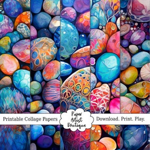 Op de afbeelding: Een verzameling printbare collagepapieren met kleurrijke, abstracte ontwerpen van afgeronde stenen in tinten blauw, oranje, paars en teal. De papieren zijn gerangschikt in verticale stroken. De tekst bevat "Printable Collage Papers" en "Download. Print. Play."