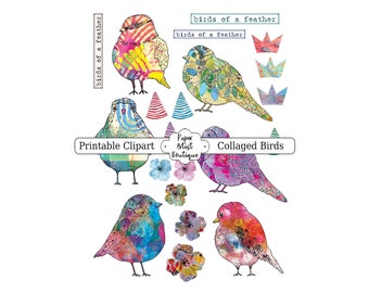 Printable Digital Clip Art Sheet Collaged Birds For Scrapbooking, Junk Journals & Mixed Media Art.