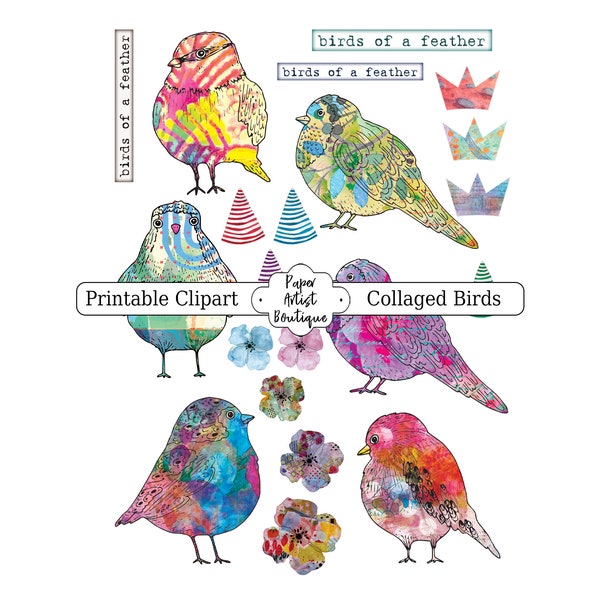 Printable Digital Clip Art Sheet Collaged Birds For Scrapbooking, Junk Journals & Mixed Media Art.
