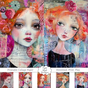 Mixed-Media Collage Paper Whimsical Redheads, Female Art, FIVE Sheets of Printable Collage Paper For Scrapbooking, Card Making, Collage etc.