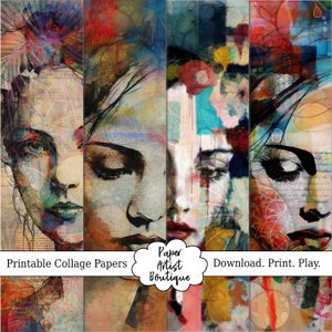Female Faces Collage Paper Mixed-Media Art, Four Sheets of Printable Collage Paper For Scrapbooking, Card Making, Collage etc.