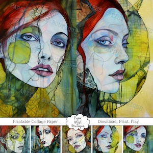 Strange Faces Women Mixed-Media Collage Paper Art, CINQ feuilles de papier collage imprimable pour le scrapbooking, la fabrication de cartes, le collage, etc.