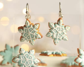 Snowflake Sugar Cookie Clay Earrings, 925 sterling silver, pure titanium, winter jewelry.